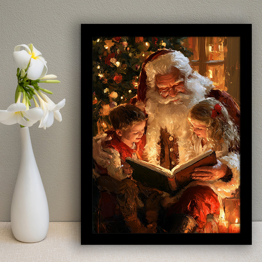 Santa Reading Book, Xmas Painting Art, Christmas Holiday Painting Art, Framed Art Print, Fine Art Wall Decor