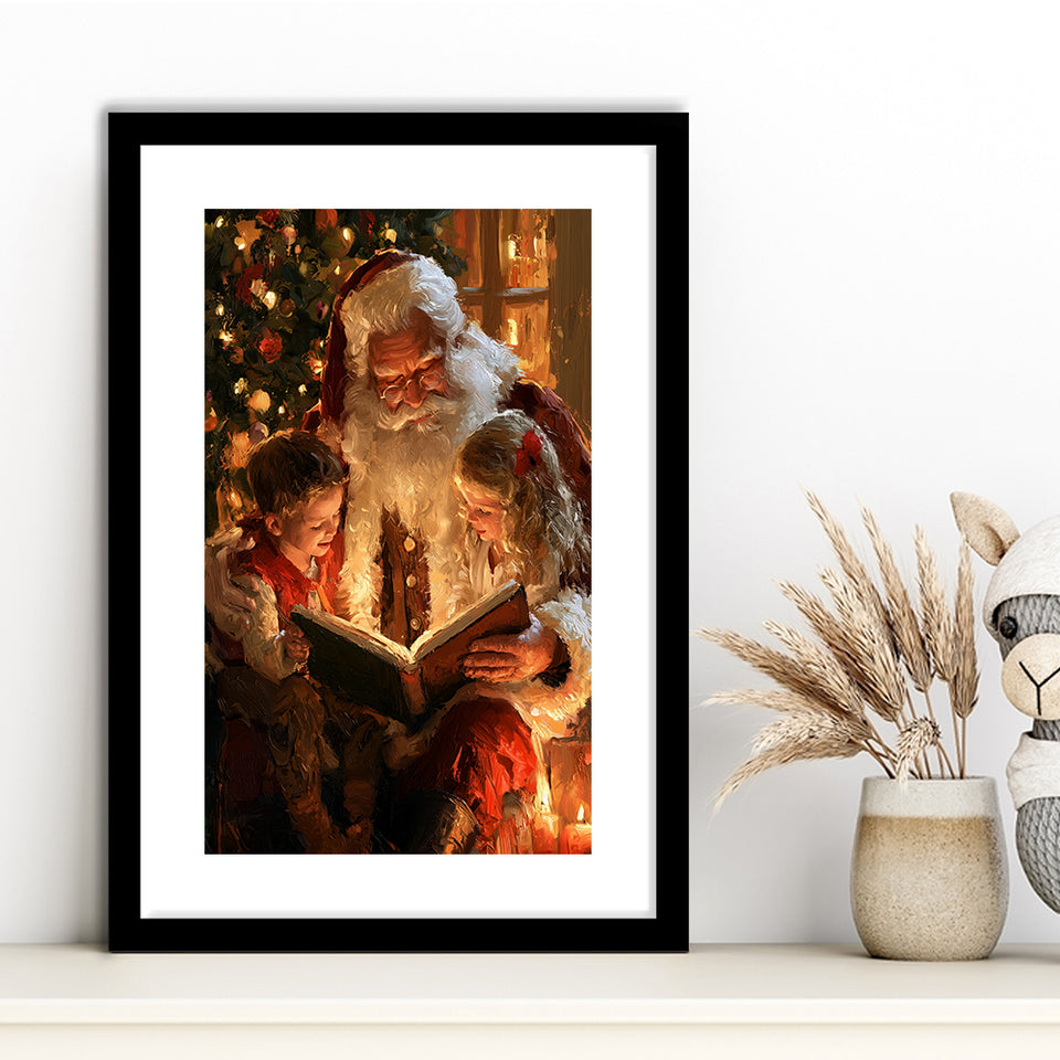 Santa Reading Book, Xmas Painting Art, Christmas Holiday Painting Art, Framed Art Print White Border