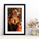 Santa Reading Book, Xmas Painting Art, Christmas Holiday Painting Art, Framed Art Print White Border