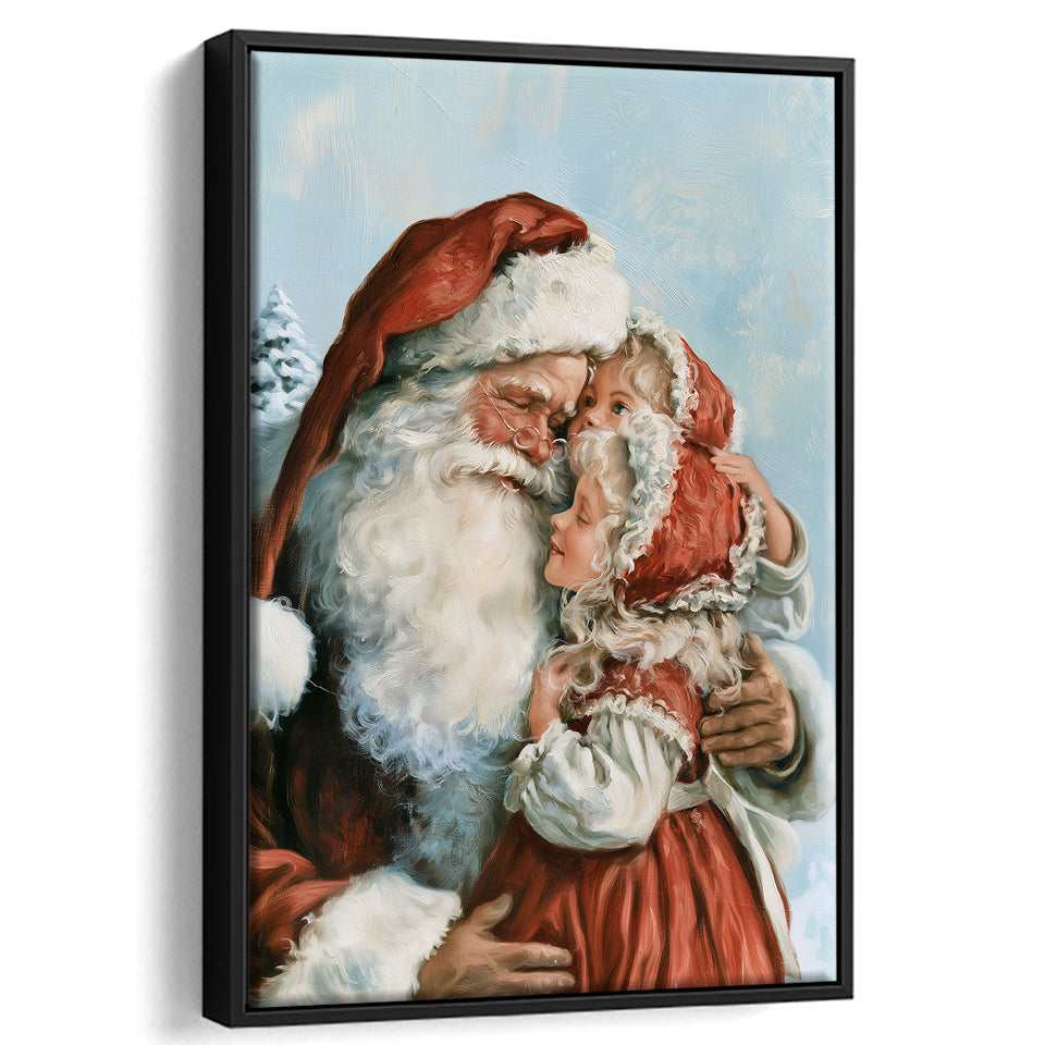 Santa And Childs, Xmas Painting Art, Christmas Holiday Painting Art, Framed Canvas Print, Floating Frame