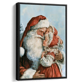 Santa And Childs, Xmas Painting Art, Christmas Holiday Painting Art, Framed Canvas Print, Floating Frame