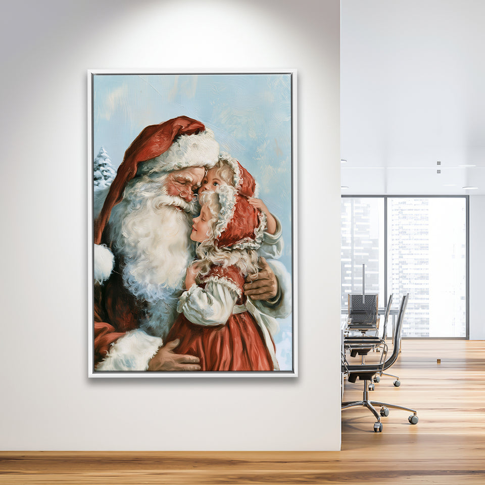 Santa And Childs, Xmas Painting Art, Christmas Holiday Painting Art, Framed Canvas Print, Floating Frame
