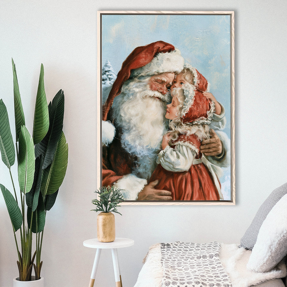 Santa And Childs, Xmas Painting Art, Christmas Holiday Painting Art, Framed Canvas Print, Floating Frame