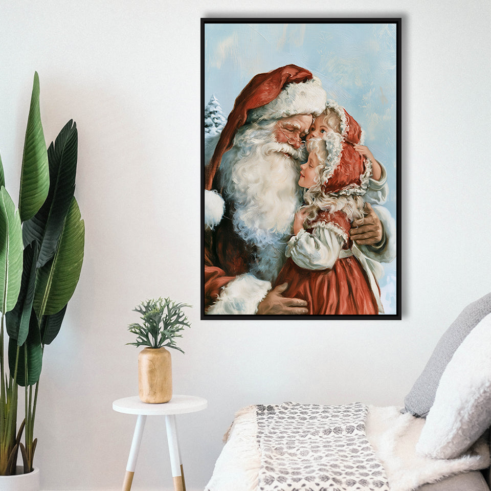 Santa And Childs, Xmas Painting Art, Christmas Holiday Painting Art, Framed Canvas Print, Floating Frame