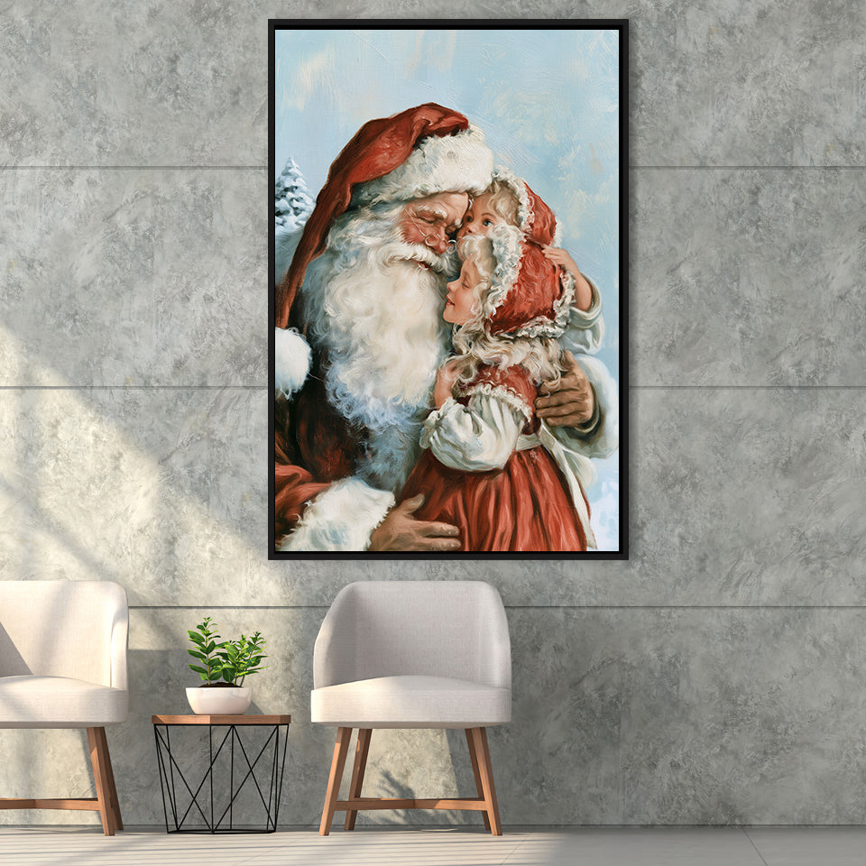Santa And Childs, Xmas Painting Art, Christmas Holiday Painting Art, Framed Canvas Print, Floating Frame
