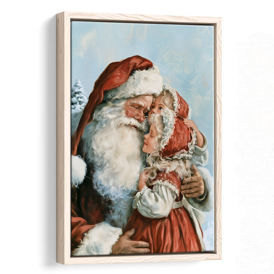 Santa And Childs, Xmas Painting Art, Christmas Holiday Painting Art, Framed Canvas Print, Floating Frame
