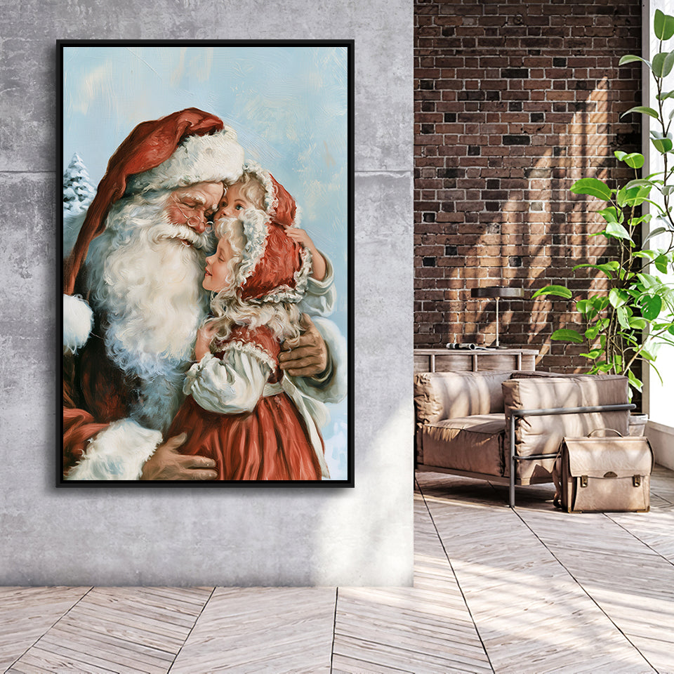 Santa And Childs, Xmas Painting Art, Christmas Holiday Painting Art, Framed Canvas Print, Floating Frame