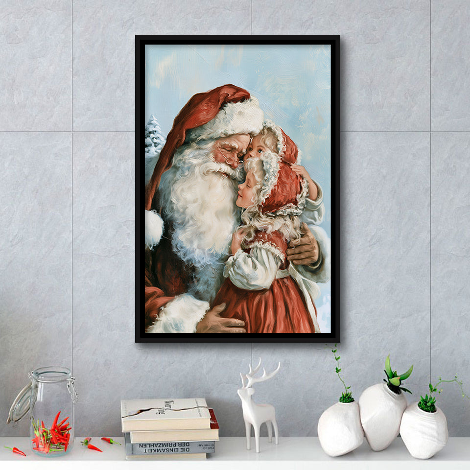 Santa And Childs, Xmas Painting Art, Christmas Holiday Painting Art, Framed Canvas Print, Floating Frame