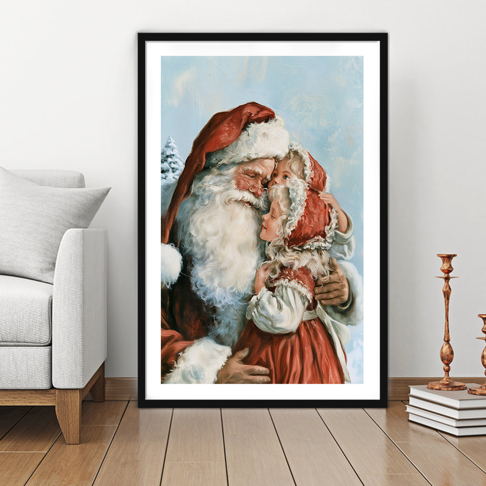 Santa And Childs, Xmas Painting Art, Christmas Holiday Painting Art, Framed Art Print White Border