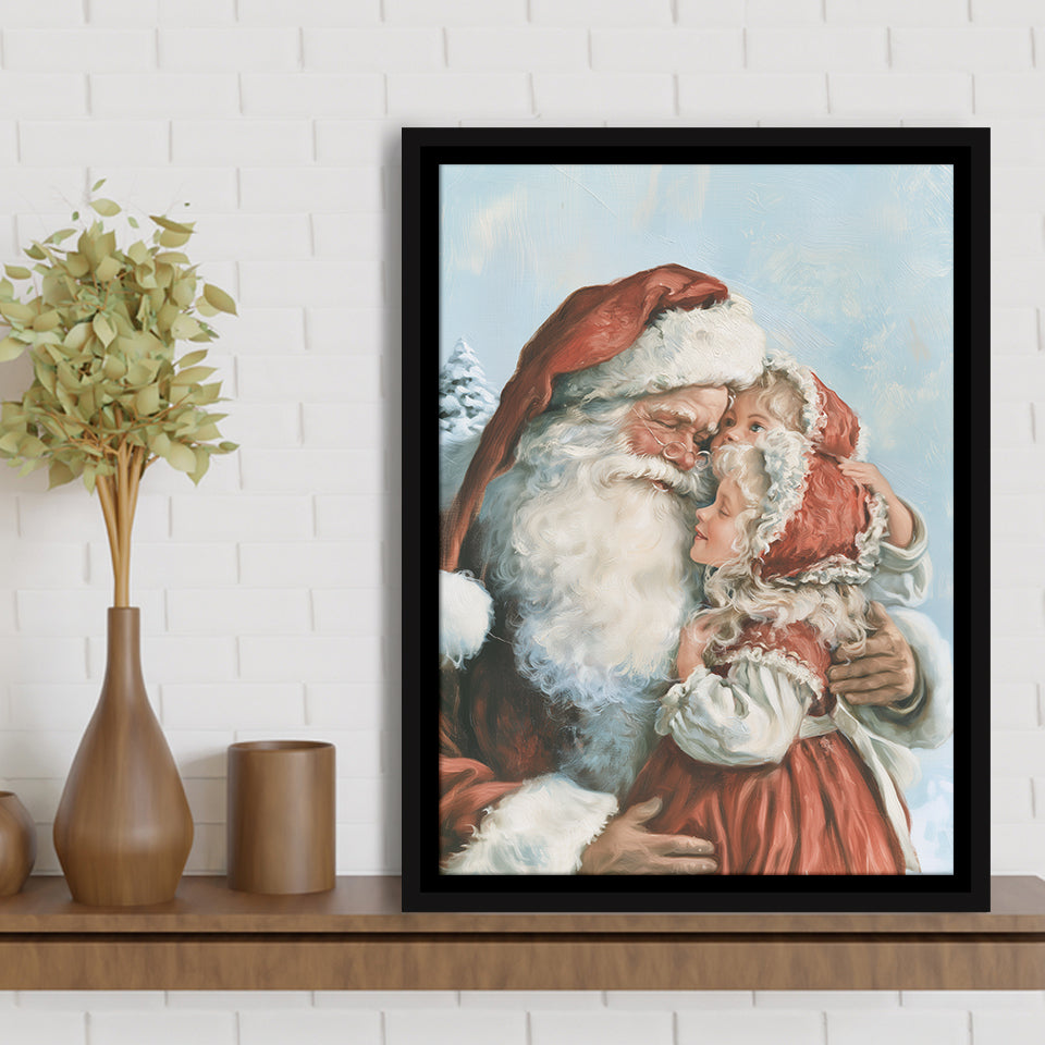 Santa And Childs, Xmas Painting Art, Christmas Holiday Painting Art, Framed Canvas Print, Floating Frame
