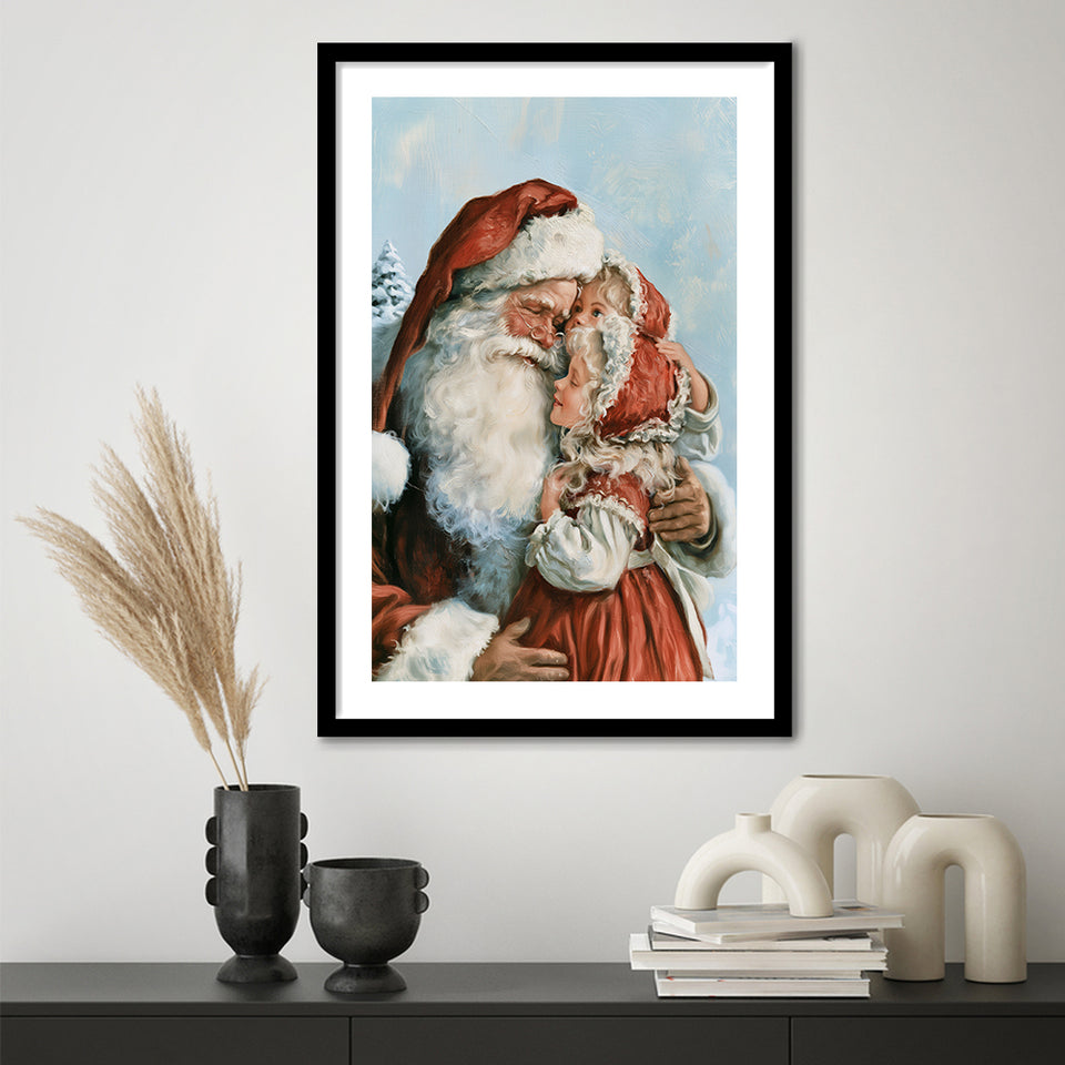 Santa And Childs, Xmas Painting Art, Christmas Holiday Painting Art, Framed Art Print White Border