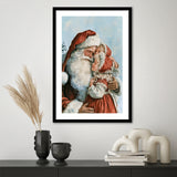 Santa And Childs, Xmas Painting Art, Christmas Holiday Painting Art, Framed Art Print White Border