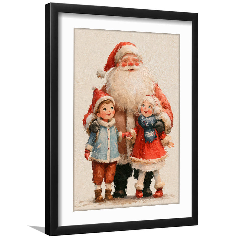 Santa With Childs Painting, Xmas Art, Christmas Holiday Painting Art, Framed Art Print White Border