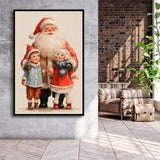 Santa With Childs Painting, Xmas Art, Christmas Holiday Painting Art, Framed Canvas Print, Floating Frame