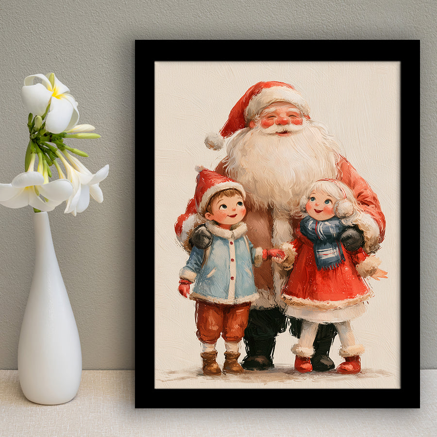 Santa With Childs Painting, Xmas Art, Christmas Holiday Painting Art, Framed Art Print, Fine Art Wall Decor