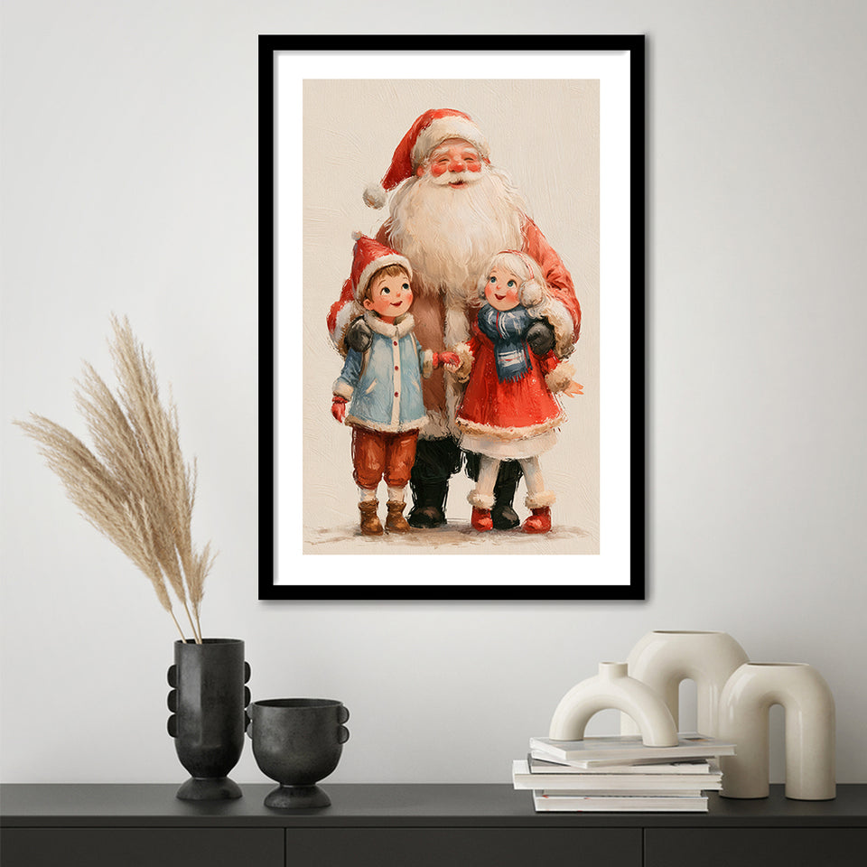 Santa With Childs Painting, Xmas Art, Christmas Holiday Painting Art, Framed Art Print White Border