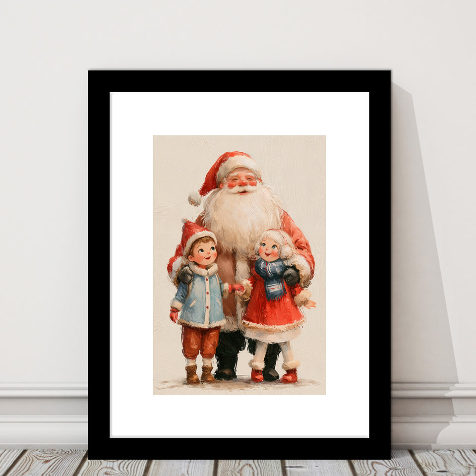 Santa With Childs Painting, Xmas Art, Christmas Holiday Painting Art, Framed Art Print White Border