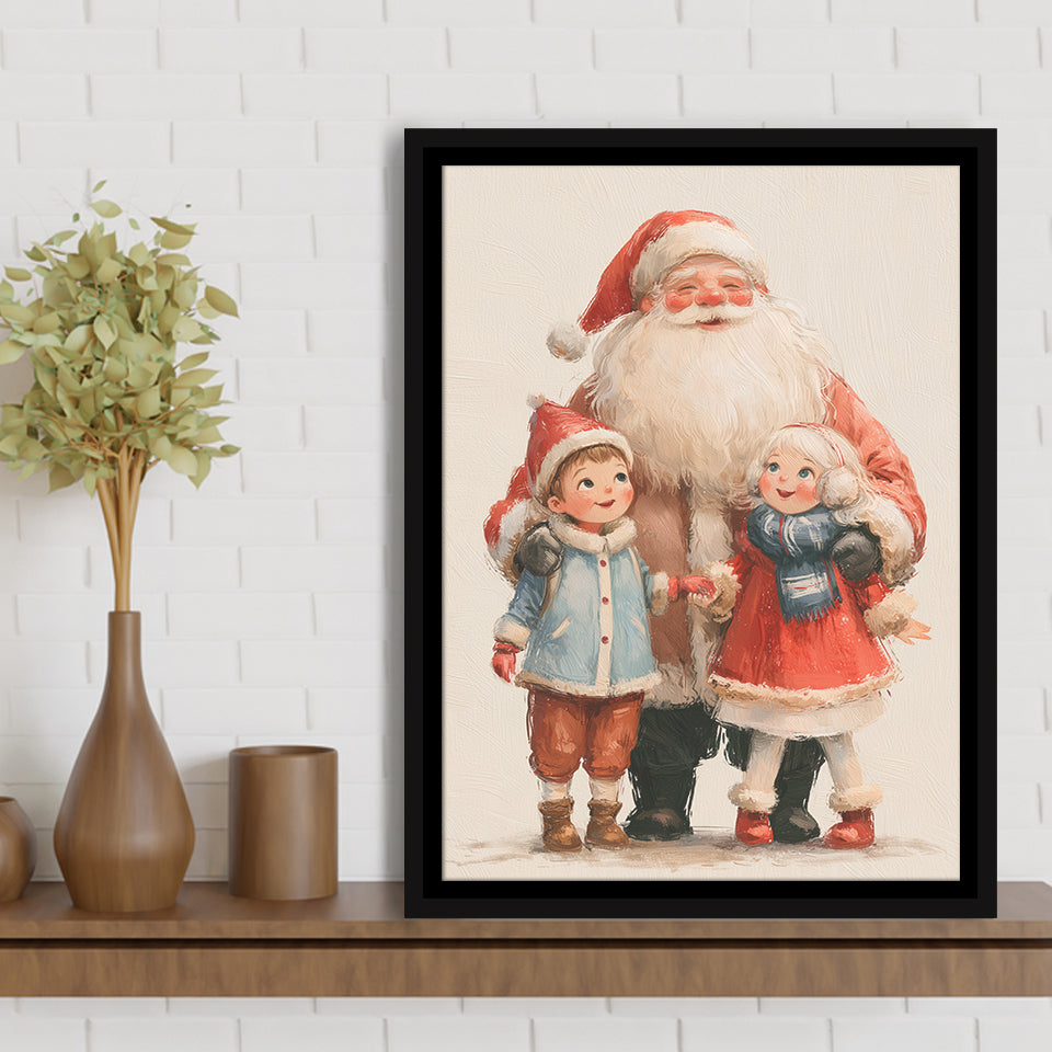 Santa With Childs Painting, Xmas Art, Christmas Holiday Painting Art, Framed Canvas Print, Floating Frame