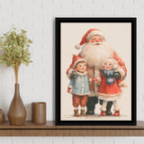 Santa With Childs Painting, Xmas Art, Christmas Holiday Painting Art, Framed Canvas Print, Floating Frame