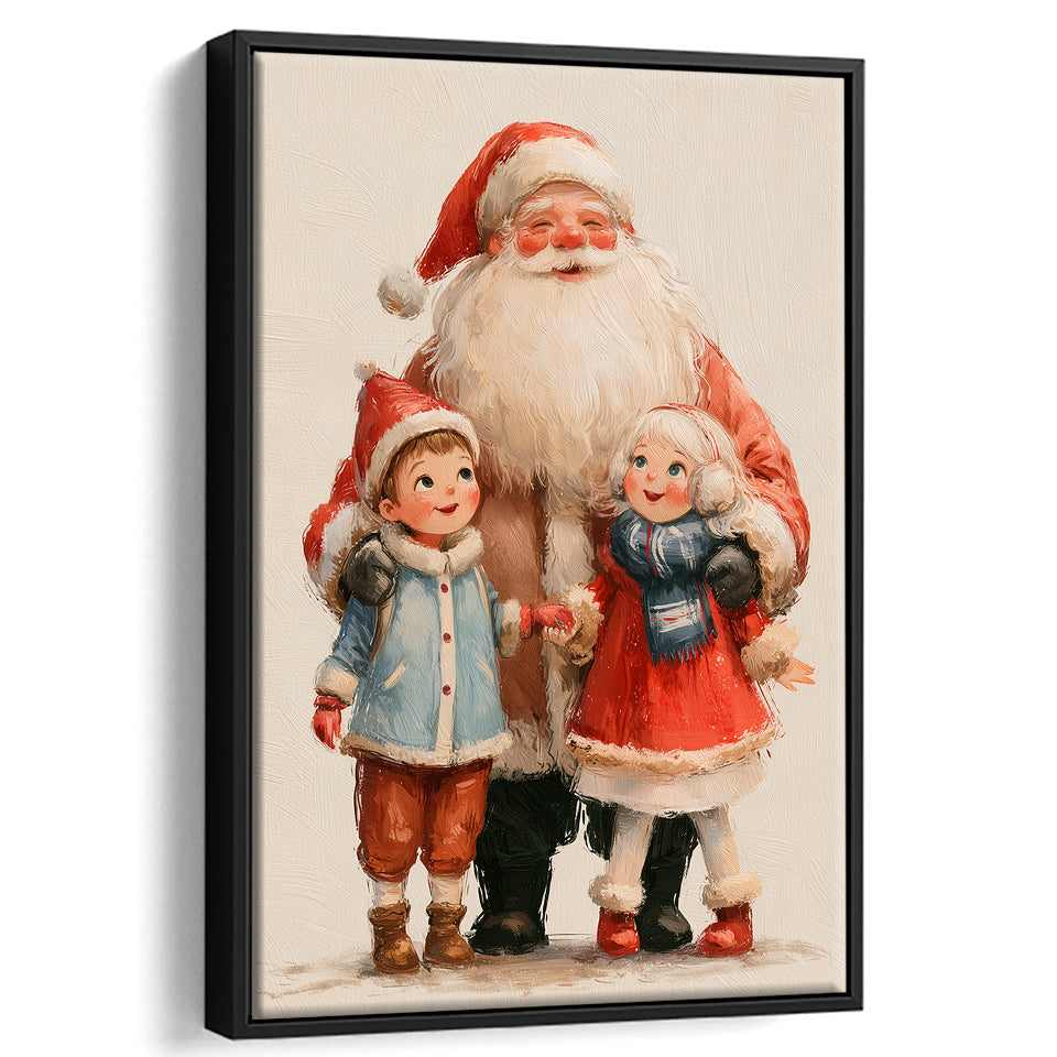 Santa With Childs Painting, Xmas Art, Christmas Holiday Painting Art, Framed Canvas Print, Floating Frame