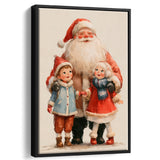 Santa With Childs Painting, Xmas Art, Christmas Holiday Painting Art, Framed Canvas Print, Floating Frame