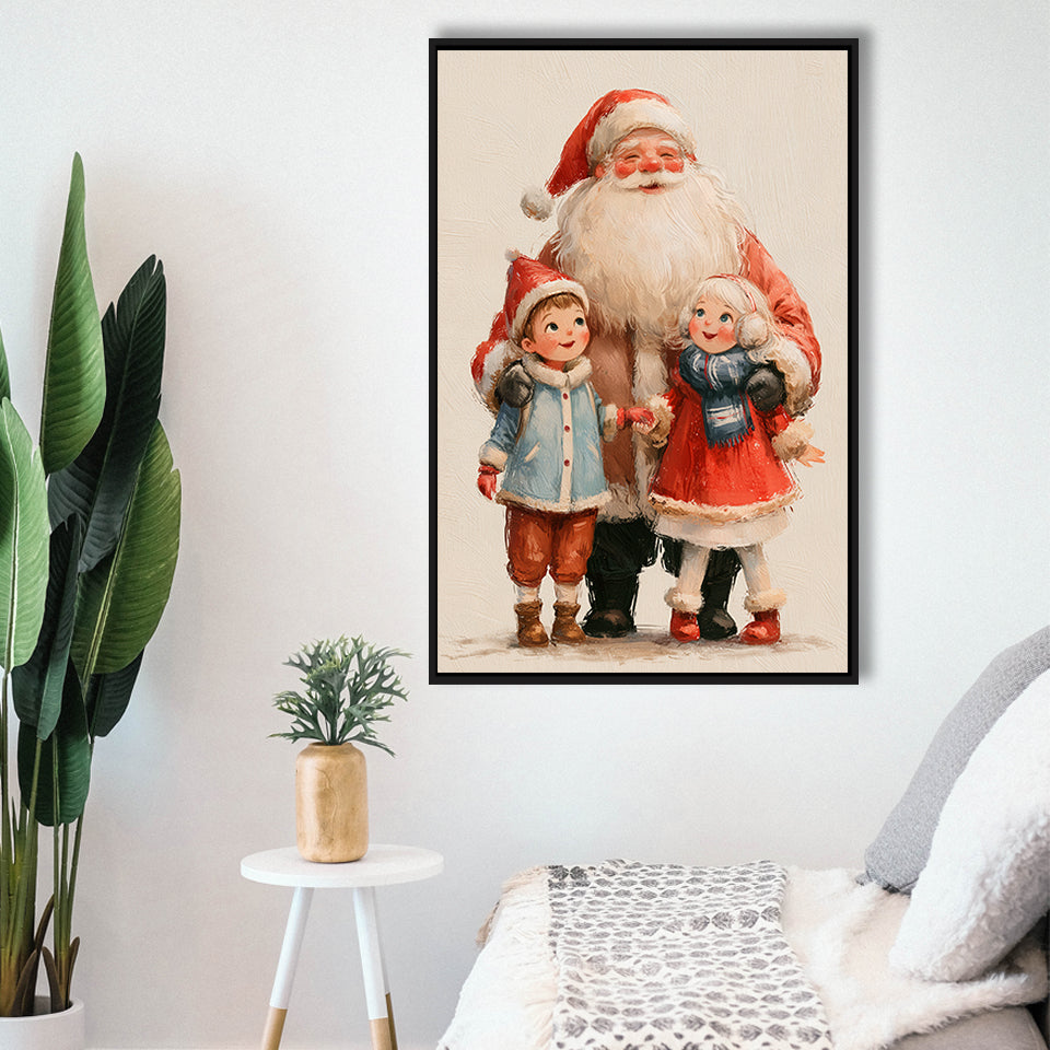 Santa With Childs Painting, Xmas Art, Christmas Holiday Painting Art, Framed Canvas Print, Floating Frame
