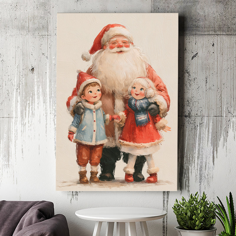 Santa With Childs Painting, Xmas Art, Christmas Holiday Painting Art, Canvas Print Wall Art, Wall Decor