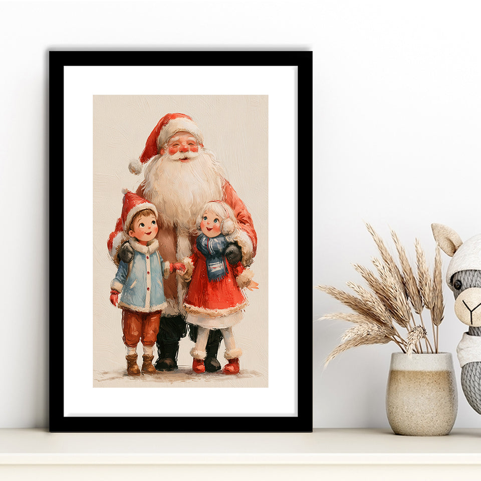 Santa With Childs Painting, Xmas Art, Christmas Holiday Painting Art, Framed Art Print White Border