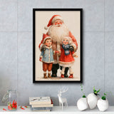 Santa With Childs Painting, Xmas Art, Christmas Holiday Painting Art, Framed Canvas Print, Floating Frame