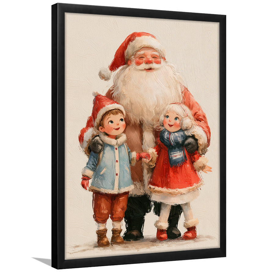Santa With Childs Painting, Xmas Art, Christmas Holiday Painting Art, Framed Art Print, Fine Art Wall Decor
