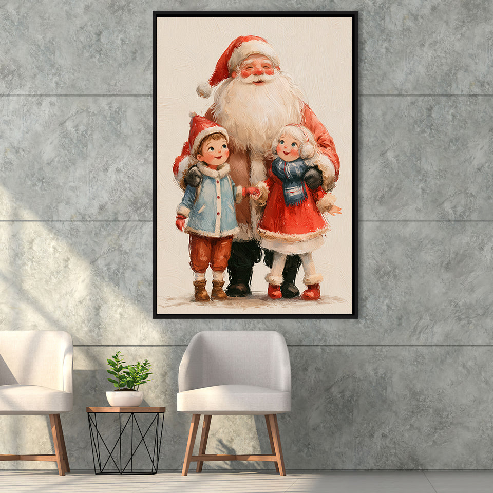 Santa With Childs Painting, Xmas Art, Christmas Holiday Painting Art, Framed Canvas Print, Floating Frame