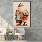 Santa With Childs Painting, Xmas Art, Christmas Holiday Painting Art, Framed Canvas Print, Floating Frame