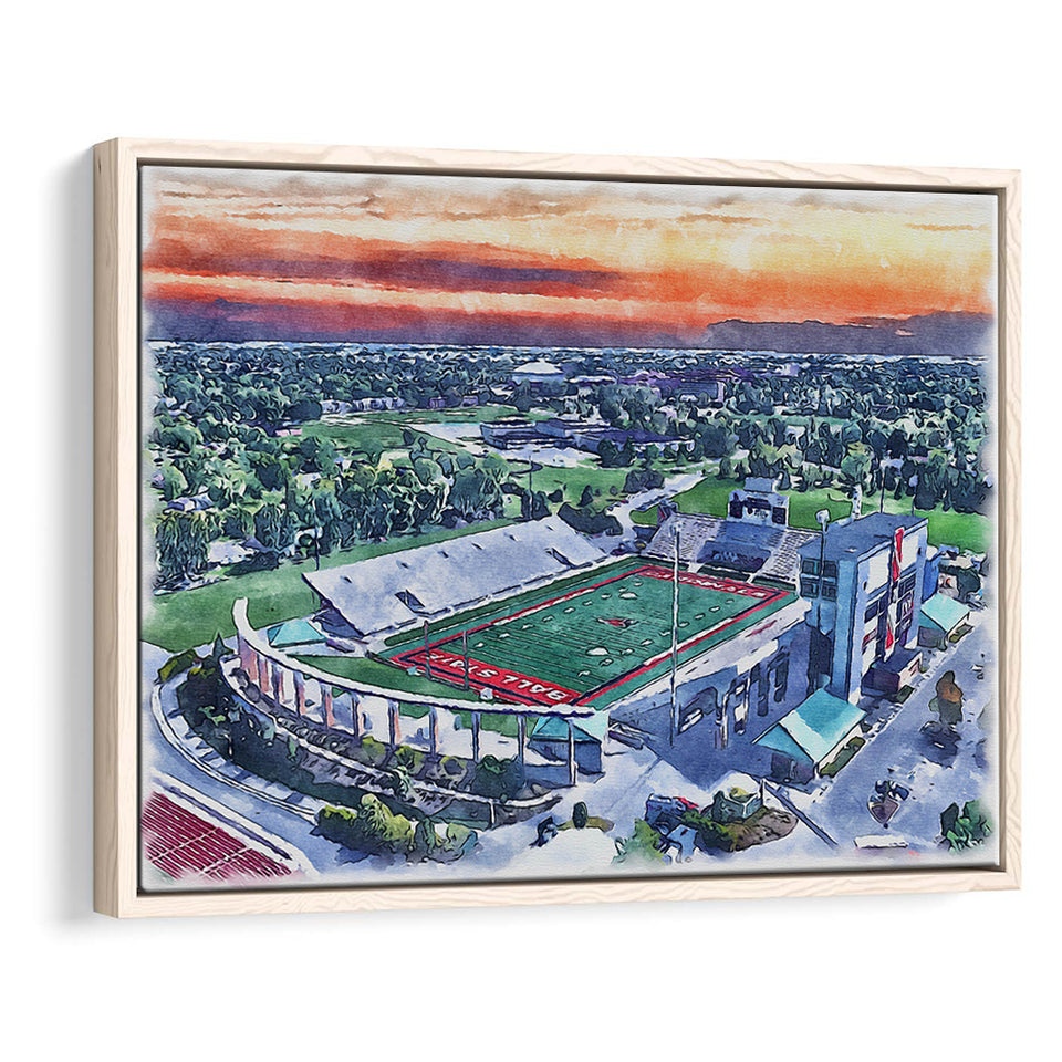 Scheumann Stadium WaterColor Framed Canvas Prints,  Muncie Indiana Watercolor, Stadium Art Gifts, Floating Frame