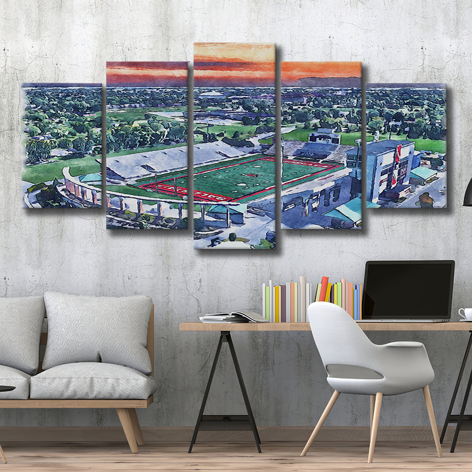 Scheumann Stadium WaterColor 5 Panels Mix Canvas Prints,  Muncie Indiana Watercolor, Large Stadium Canvas