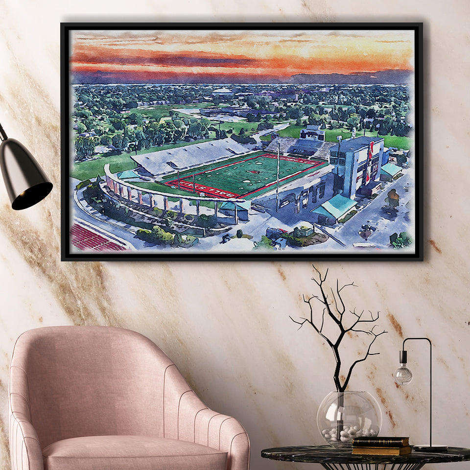 Scheumann Stadium WaterColor Framed Canvas Prints,  Muncie Indiana Watercolor, Stadium Art Gifts, Floating Frame