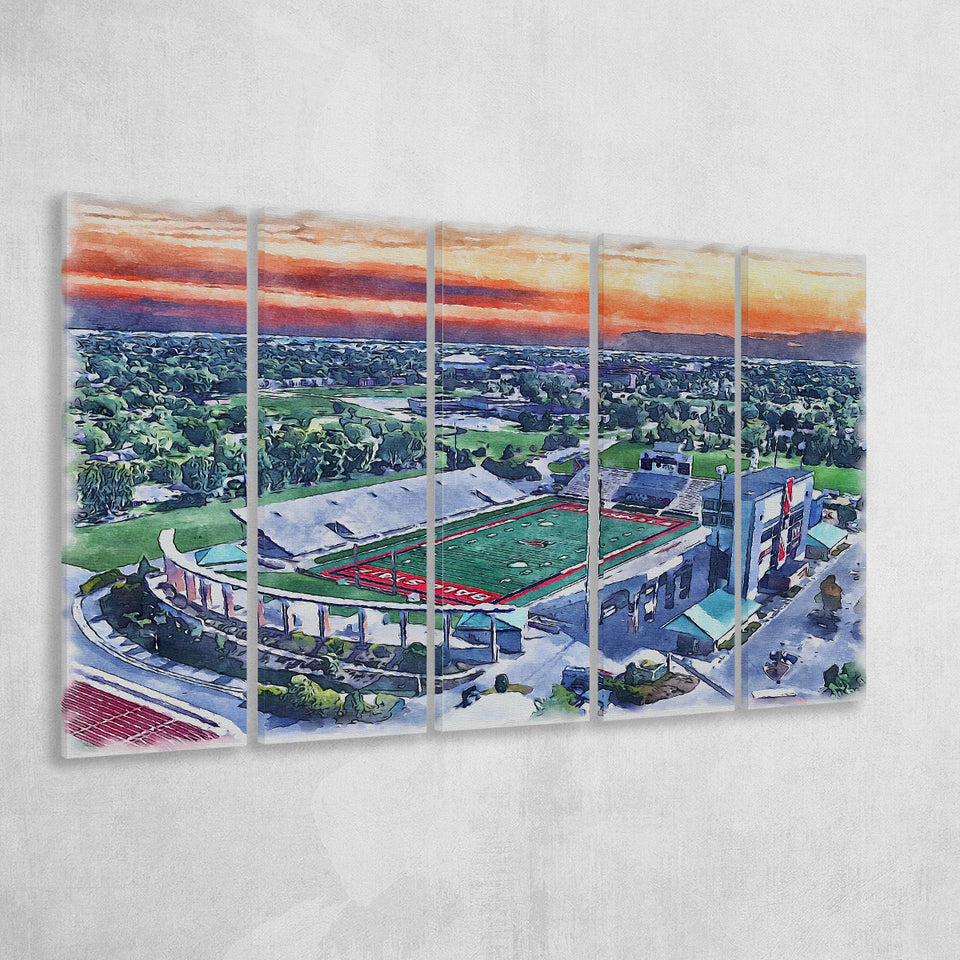 Scheumann Stadium WaterColor 5 Panels B Mixed Canvas Prints, Extra Large, Muncie Indiana Watercolor