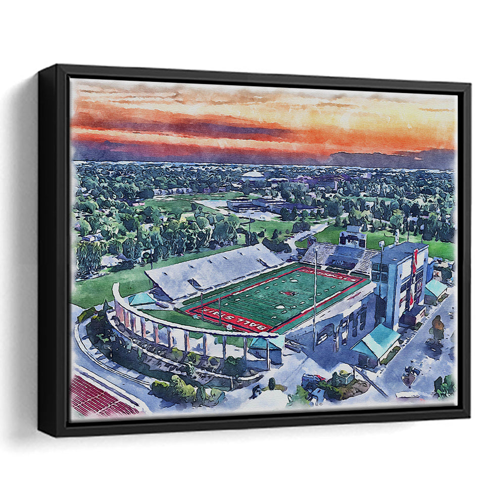 Scheumann Stadium WaterColor Framed Canvas Prints,  Muncie Indiana Watercolor, Stadium Art Gifts, Floating Frame