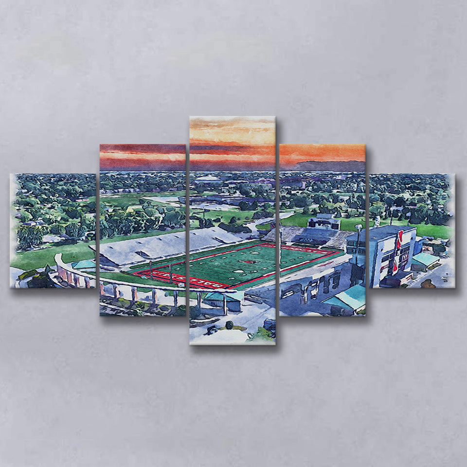 Scheumann Stadium WaterColor 5 Panels Mix Canvas Prints,  Muncie Indiana Watercolor, Large Stadium Canvas