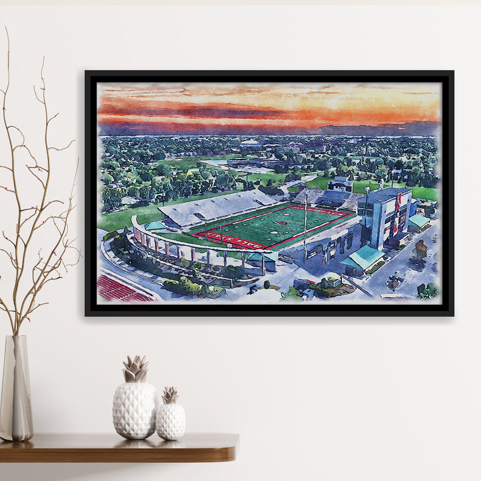 Scheumann Stadium WaterColor Framed Canvas Prints,  Muncie Indiana Watercolor, Stadium Art Gifts, Floating Frame