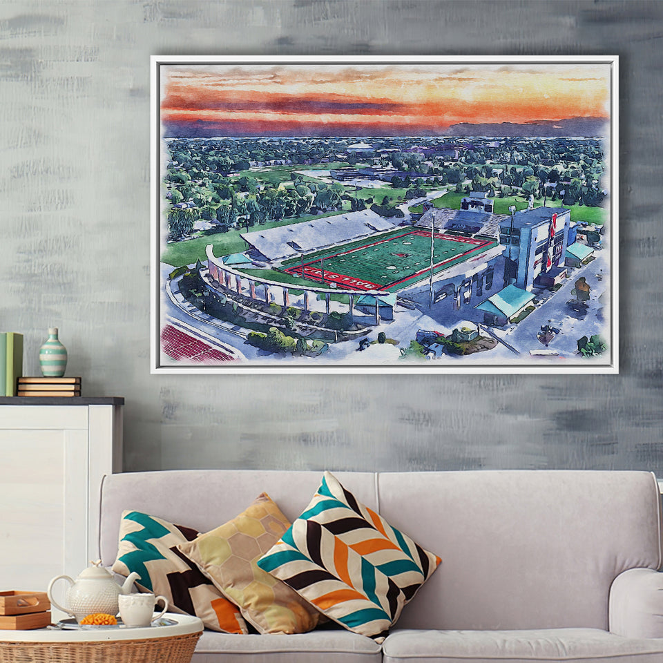 Scheumann Stadium WaterColor Framed Canvas Prints,  Muncie Indiana Watercolor, Stadium Art Gifts, Floating Frame