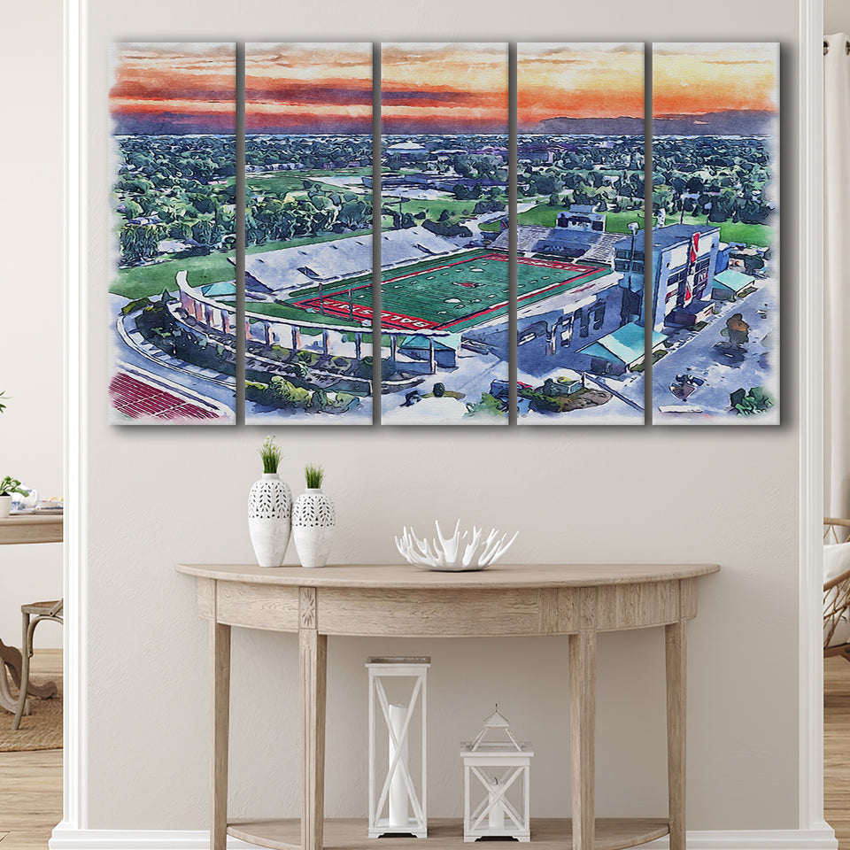 Scheumann Stadium WaterColor 5 Panels B Mixed Canvas Prints, Extra Large, Muncie Indiana Watercolor