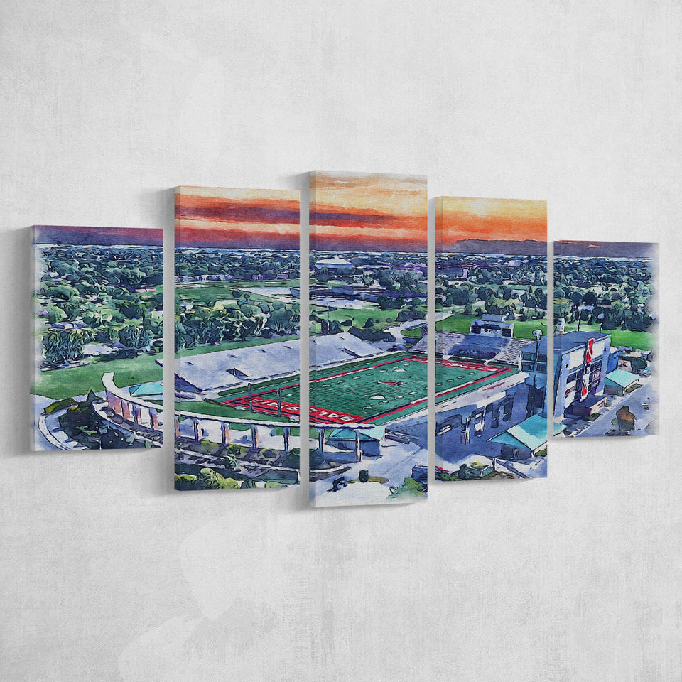 Scheumann Stadium WaterColor 5 Panels Mix Canvas Prints,  Muncie Indiana Watercolor, Large Stadium Canvas