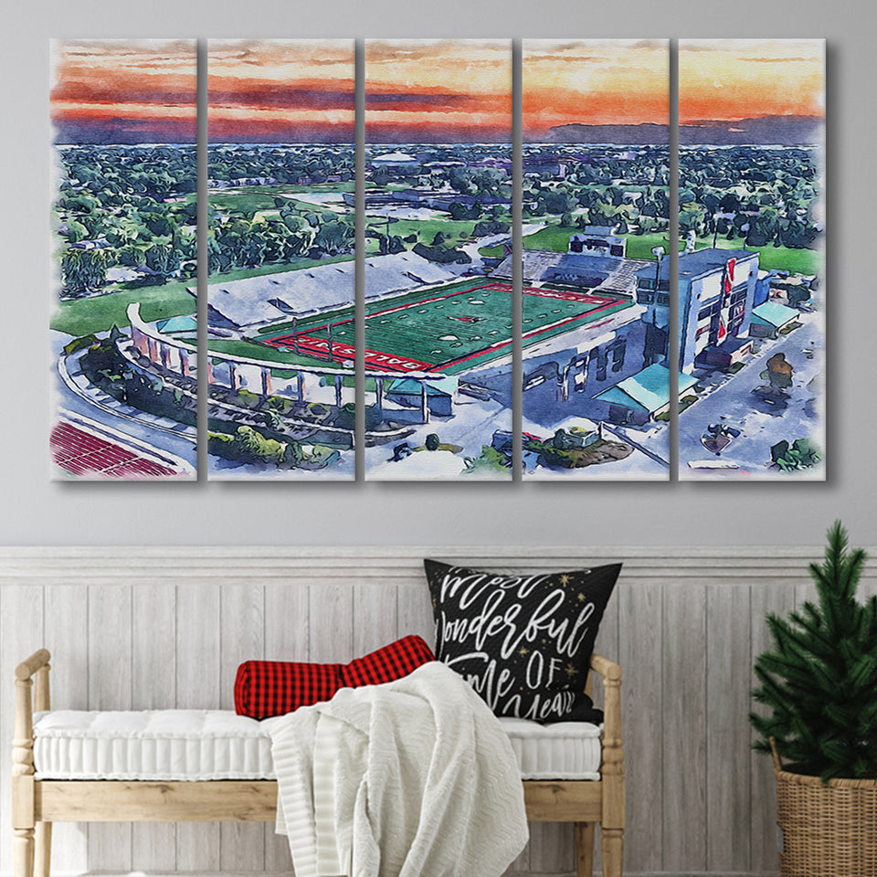 Scheumann Stadium WaterColor 5 Panels B Mixed Canvas Prints, Extra Large, Muncie Indiana Watercolor