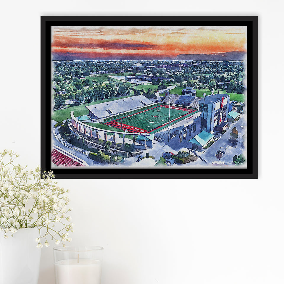 Scheumann Stadium WaterColor Framed Canvas Prints,  Muncie Indiana Watercolor, Stadium Art Gifts, Floating Frame