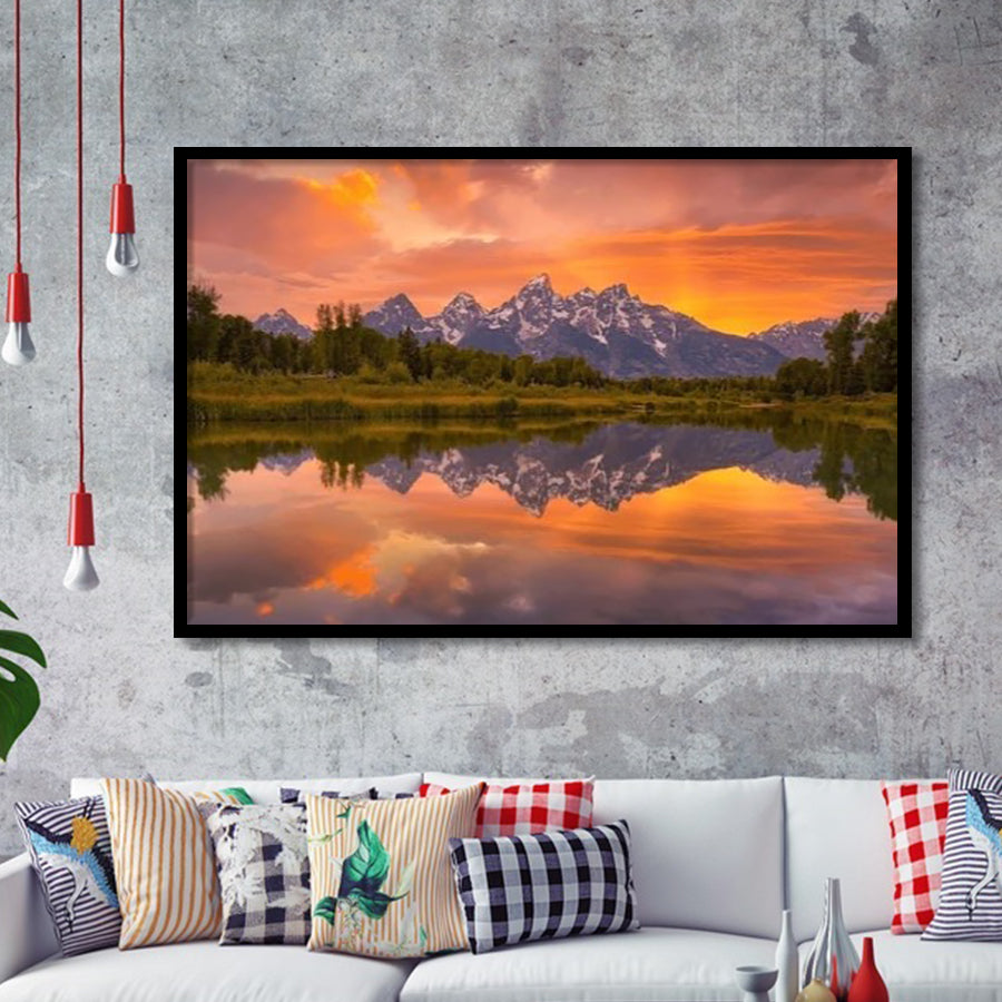 Schwabacher Sunset,Lake Mirroring Resize, Framed Art Print Wall Decor, Framed Picture