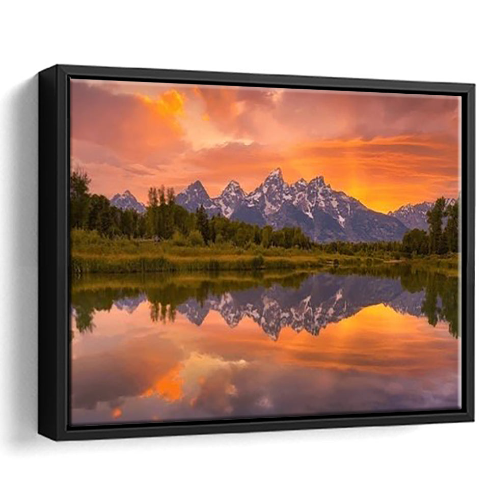 Schwabacher Sunset,Lake Mirroring Resize, Framed Canvas Print Wall Art Decor,Floating Frame