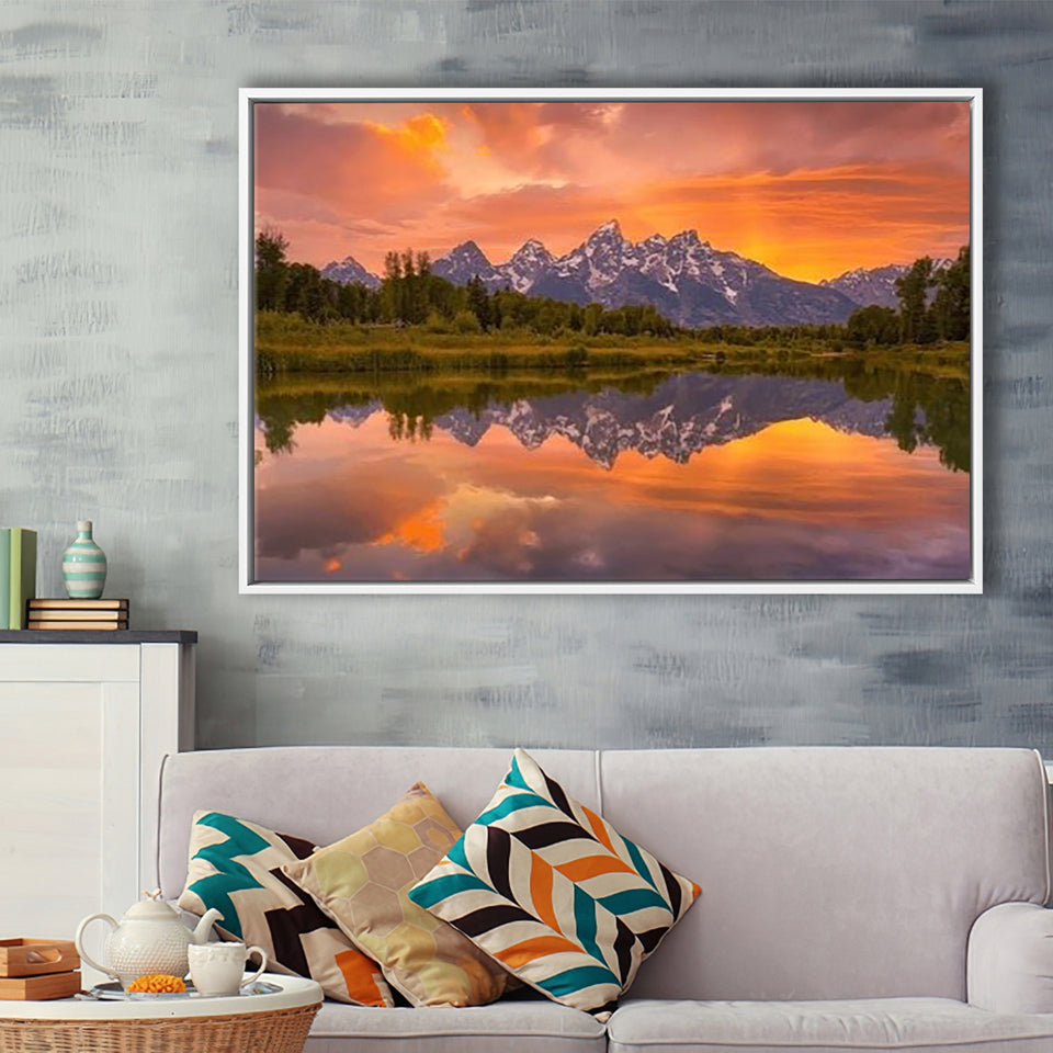 Schwabacher Sunset,Lake Mirroring Resize, Framed Canvas Print Wall Art Decor,Floating Frame