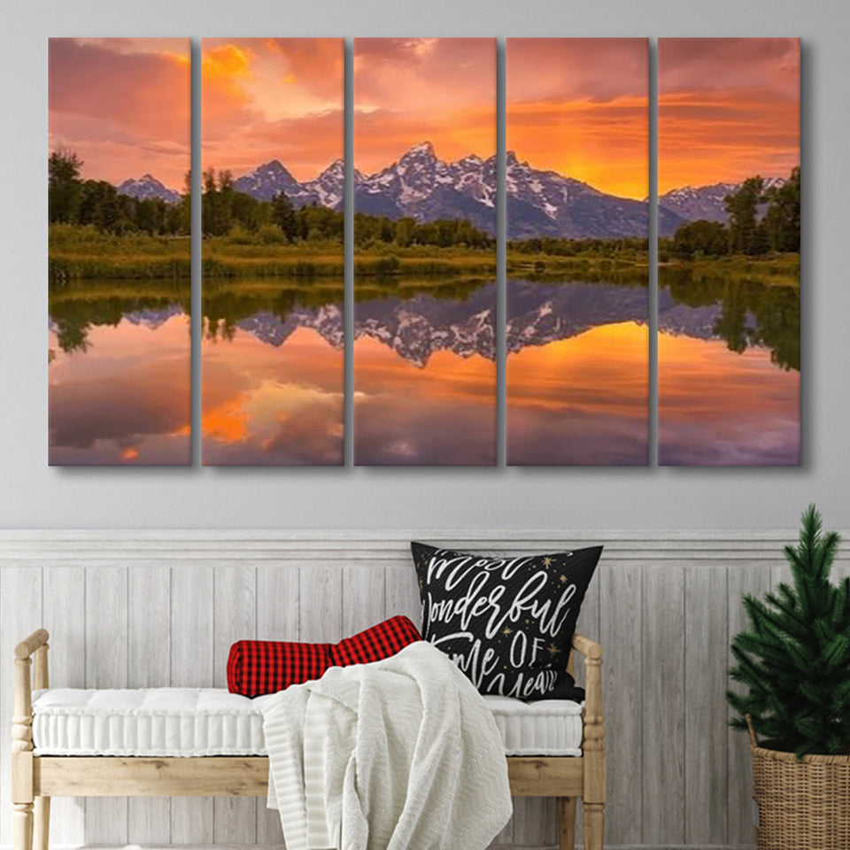 Schwabacher Sunset,Lake Mirroring Resize, Extra Large Multi 5 Panel Canvas Print Wall Art Decor