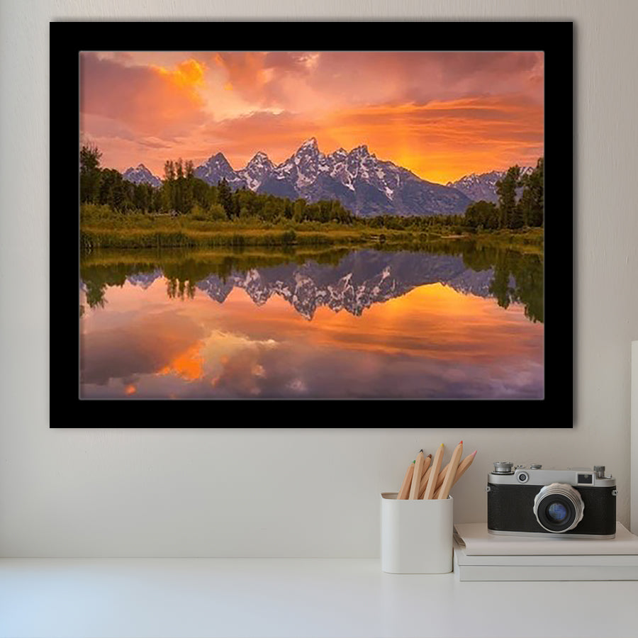 Schwabacher Sunset,Lake Mirroring Resize, Framed Art Print Wall Decor, Framed Picture