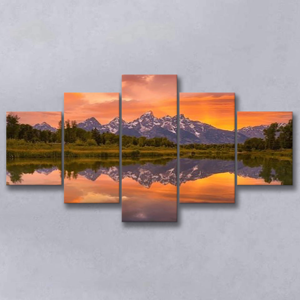 Schwabacher Sunset,Lake Mirroring Resize, Multi Panel Canvas Print Wall Art Decor, 5 Mixed Panel